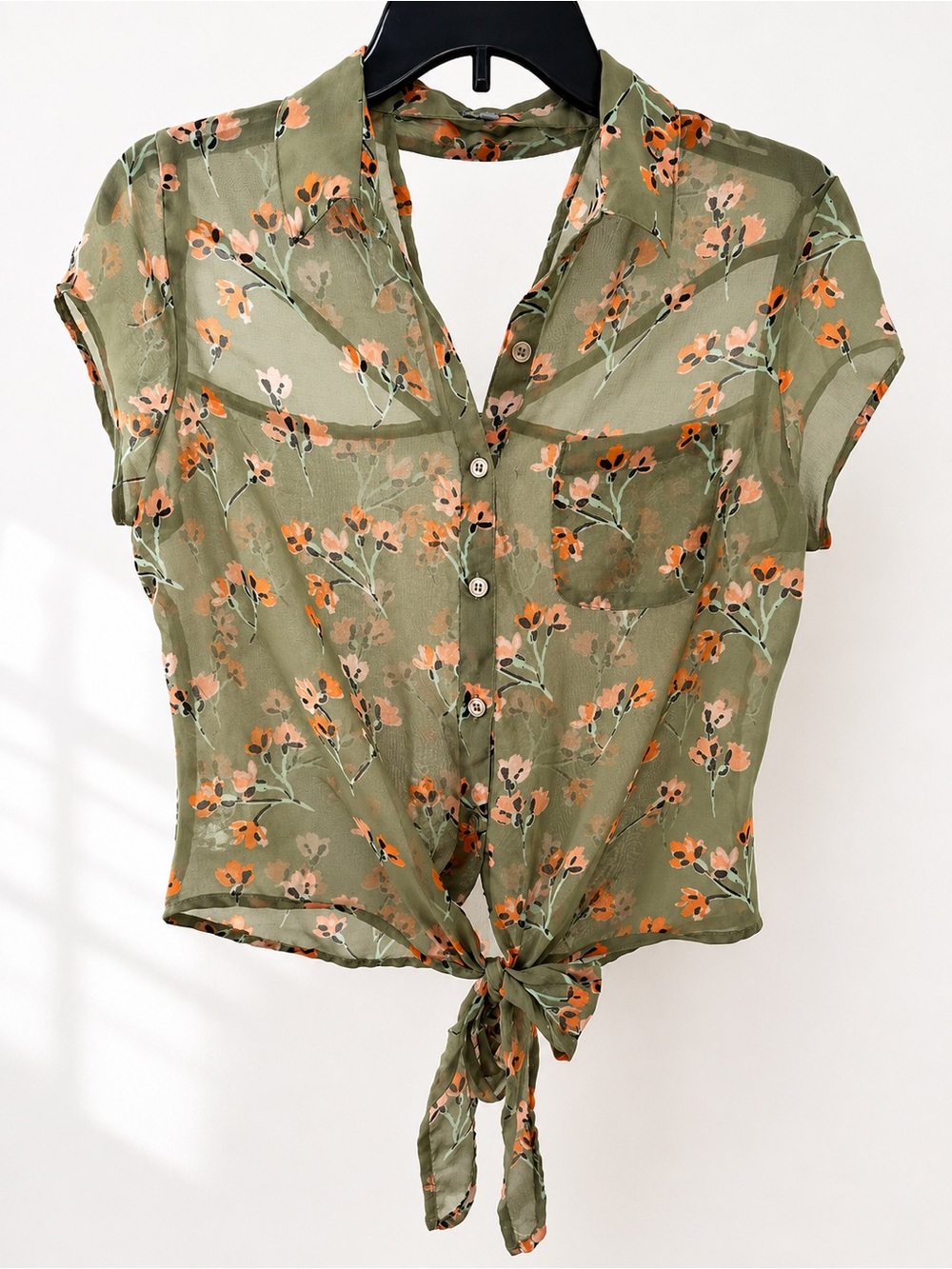 Y2K Charlotte Russe Olive Sheer Floral Tie-Front Button Shirt